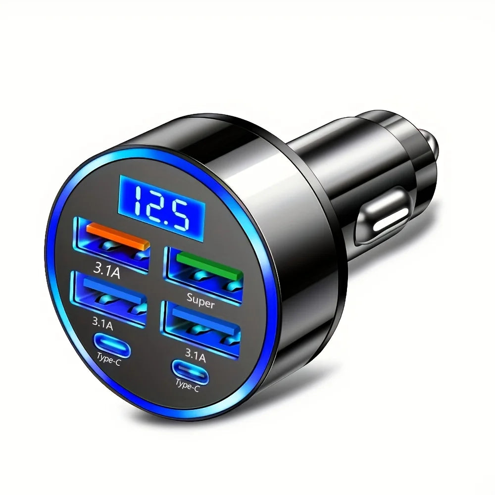 6-in-1 Car Charger USB C – Dual Type-C 3.1A Fast Charging Car Adapter with Digital Display | Multi-Port Car Phone Charger for iPhone Samsung iPad