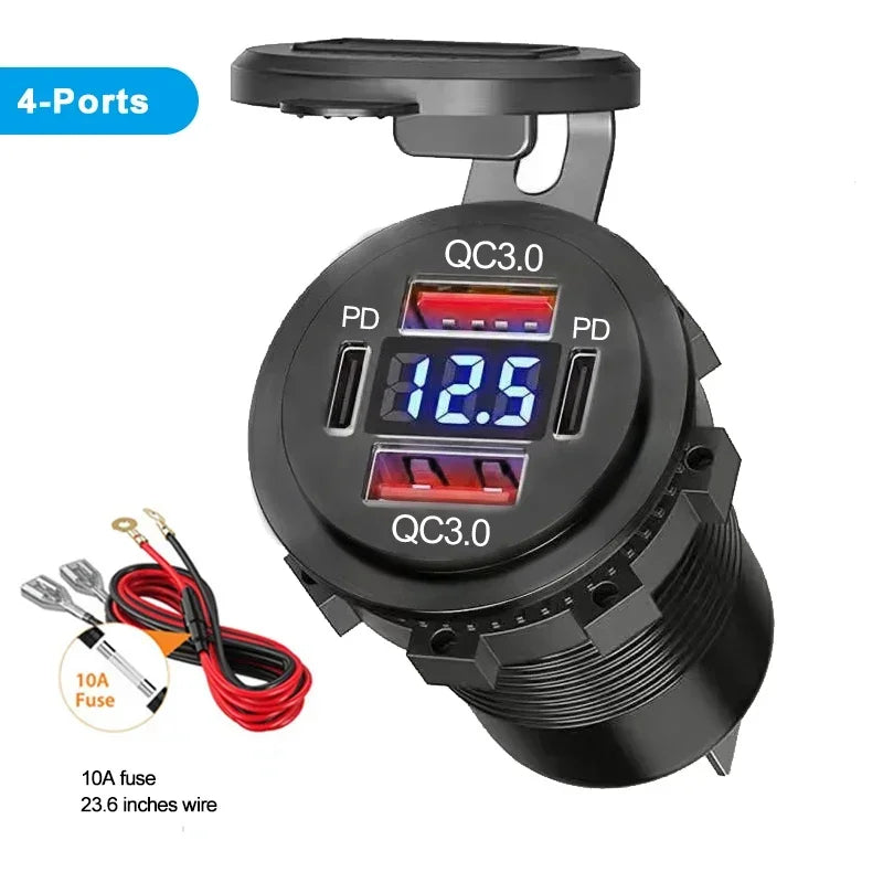 96W USB C Car Charger | 4-Port Fast Car Charger QC3.0 + PD with Voltmeter | Waterproof 12V/24V Socket for Car, Truck, RV, Boat & Motorcycle