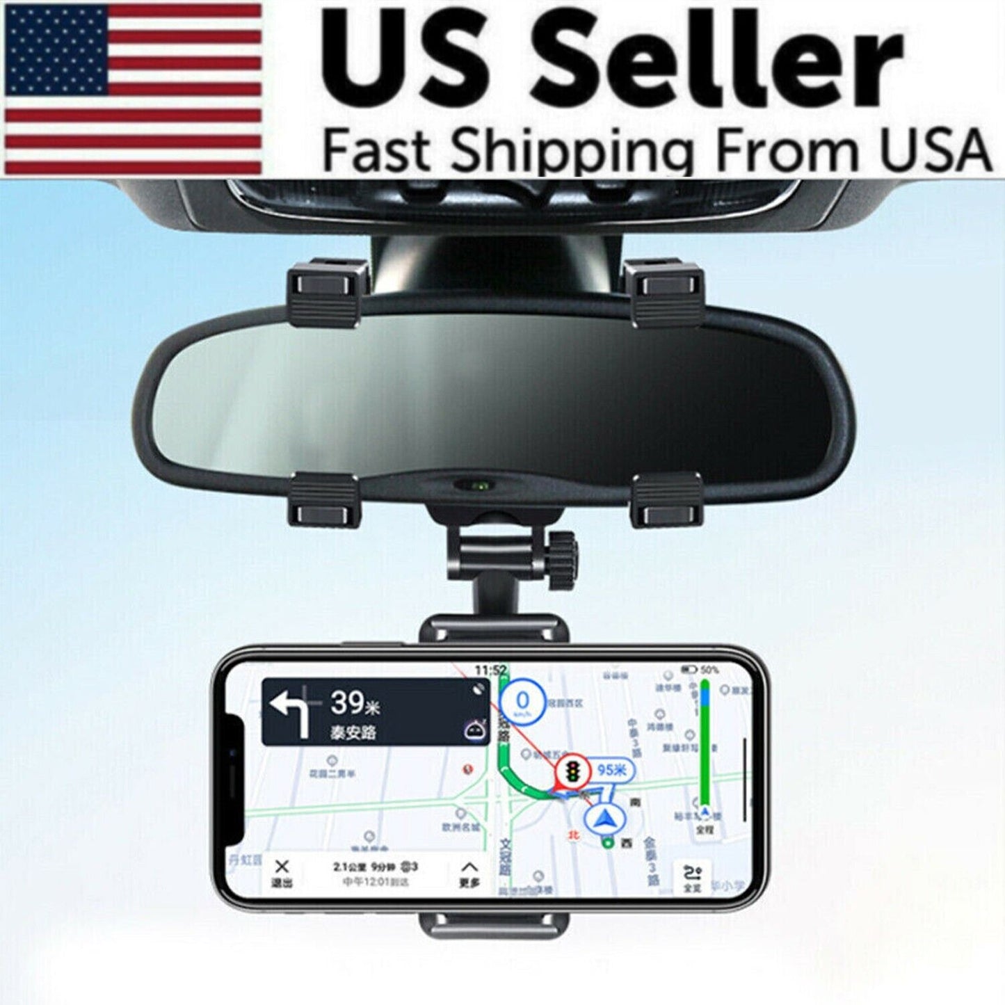 Car Rear View Mirror Phone Holder 360° Rotation Universal Mount Stand Clip Clamp