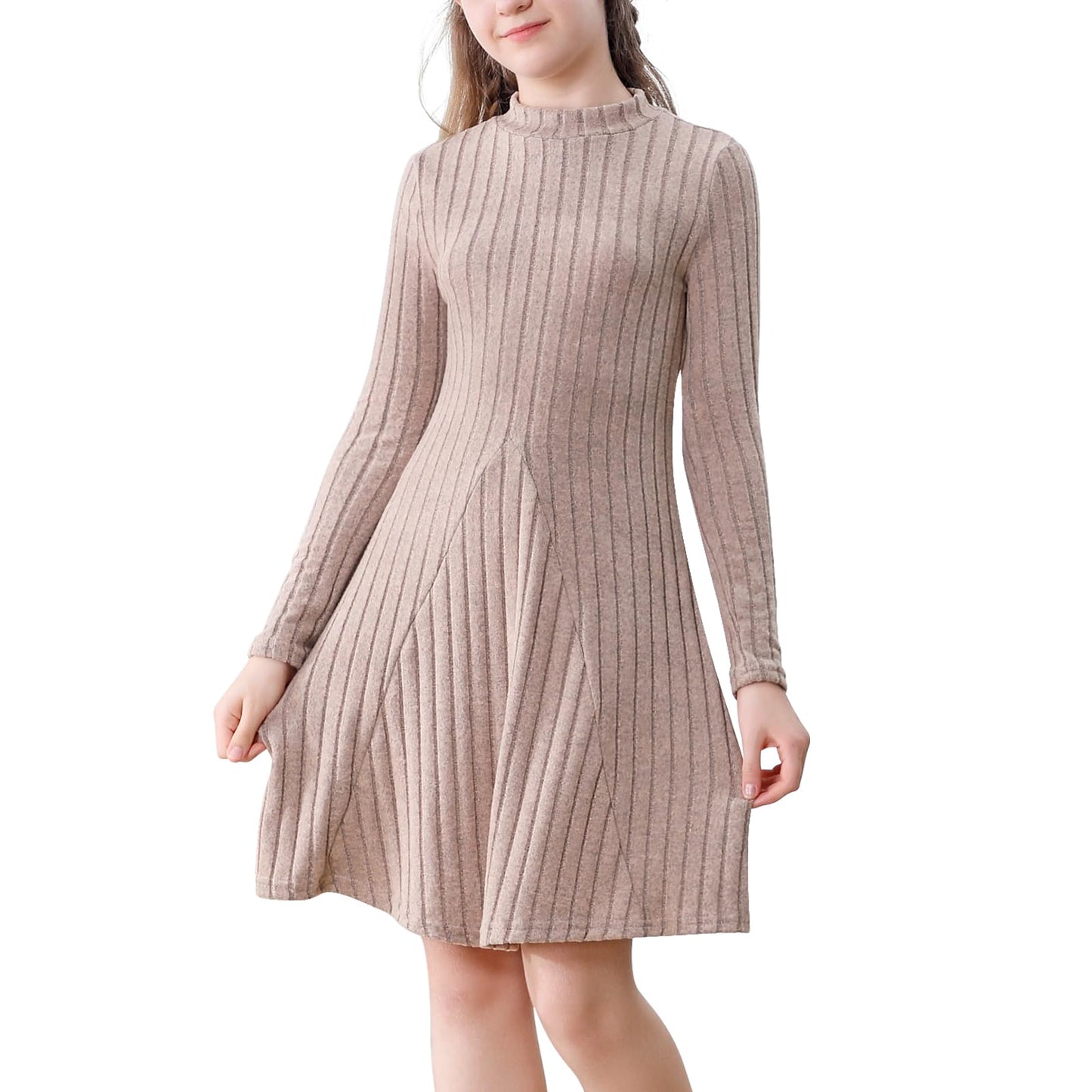 Beige ribbed knit dress worn by a model on a white background