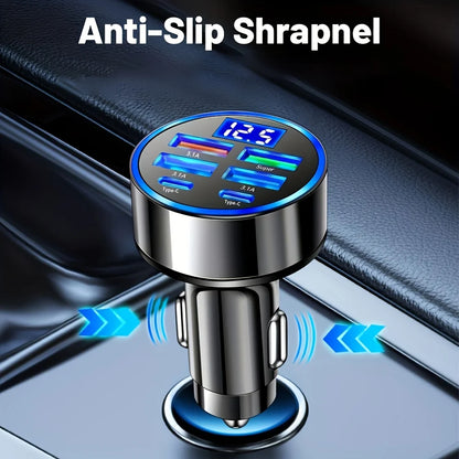 6-in-1 Car Charger USB C – Dual Type-C 3.1A Fast Charging Car Adapter with Digital Display | Multi-Port Car Phone Charger for iPhone Samsung iPad