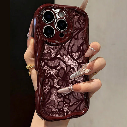 Cute Floral Lace Pattern iPhone Case | Burgundy Cream Aesthetic Soft Cover for iPhone 17 16 15 14 13 12 11 Series