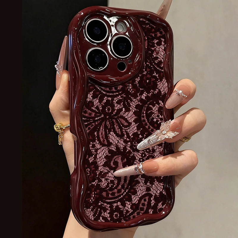 Cute Floral Lace Pattern iPhone Case | Burgundy Cream Aesthetic Soft Cover for iPhone 17 16 15 14 13 12 11 Series