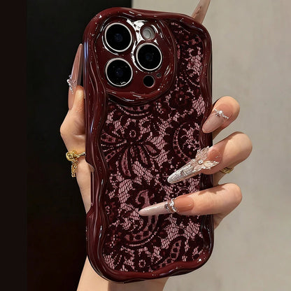 Cute Floral Lace Pattern iPhone Case | Burgundy Cream Aesthetic Soft Cover for iPhone 17 16 15 14 13 12 11 Series
