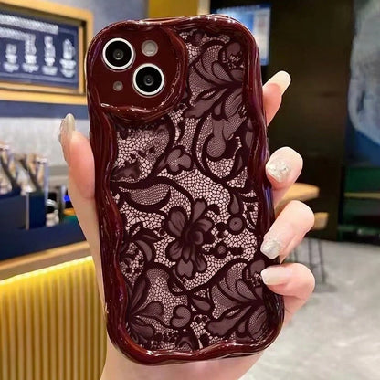 Cute Floral Lace Pattern iPhone Case | Burgundy Cream Aesthetic Soft Cover for iPhone 17 16 15 14 13 12 11 Series