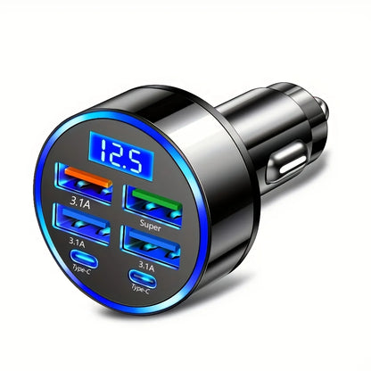 6-in-1 Car Charger USB C – Dual Type-C 3.1A Fast Charging Car Adapter with Digital Display | Multi-Port Car Phone Charger for iPhone Samsung iPad