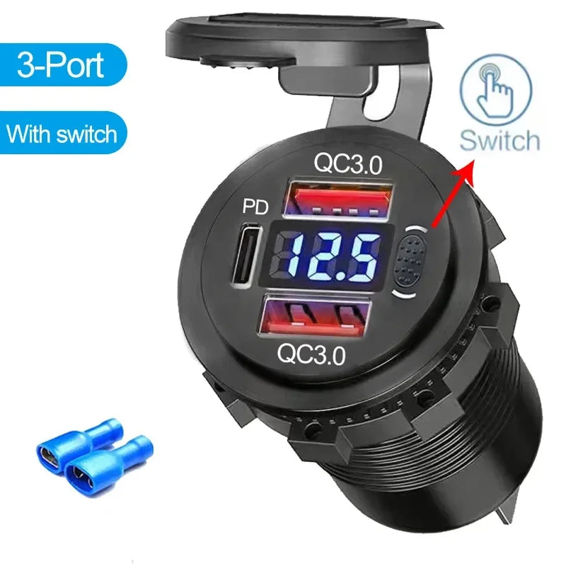 96W USB C Car Charger | 4-Port Fast Car Charger QC3.0 + PD with Voltmeter | Waterproof 12V/24V Socket for Car, Truck, RV, Boat & Motorcycle