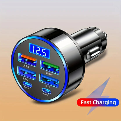 6-in-1 Car Charger USB C – Dual Type-C 3.1A Fast Charging Car Adapter with Digital Display | Multi-Port Car Phone Charger for iPhone Samsung iPad