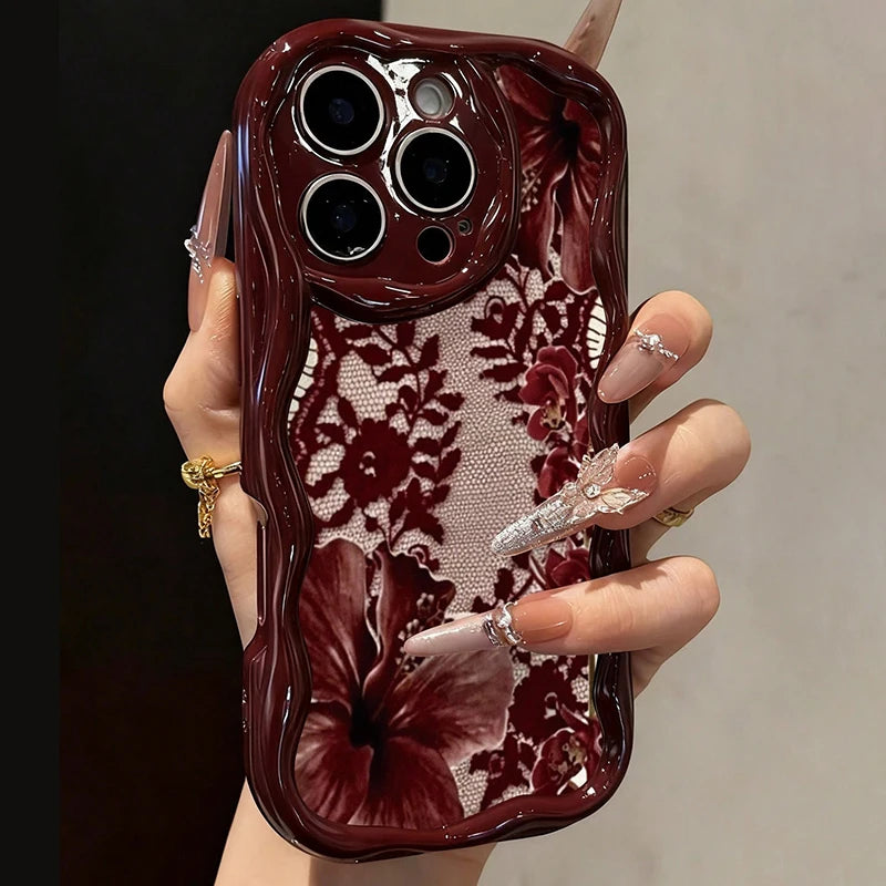 Cute Floral Lace Pattern iPhone Case | Burgundy Cream Aesthetic Soft Cover for iPhone 17 16 15 14 13 12 11 Series