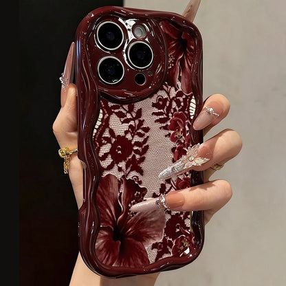 Cute Floral Lace Pattern iPhone Case | Burgundy Cream Aesthetic Soft Cover for iPhone 17 16 15 14 13 12 11 Series