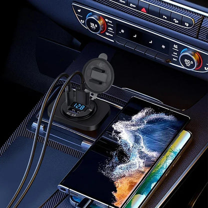 96W USB C Car Charger | 4-Port Fast Car Charger QC3.0 + PD with Voltmeter | Waterproof 12V/24V Socket for Car, Truck, RV, Boat & Motorcycle