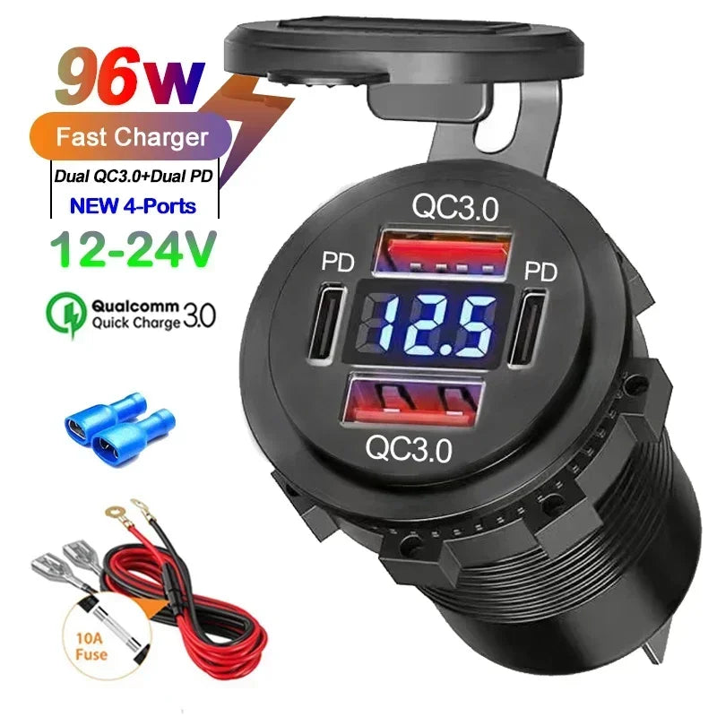 96W USB C Car Charger | 4-Port Fast Car Charger QC3.0 + PD with Voltmeter | Waterproof 12V/24V Socket for Car, Truck, RV, Boat & Motorcycle