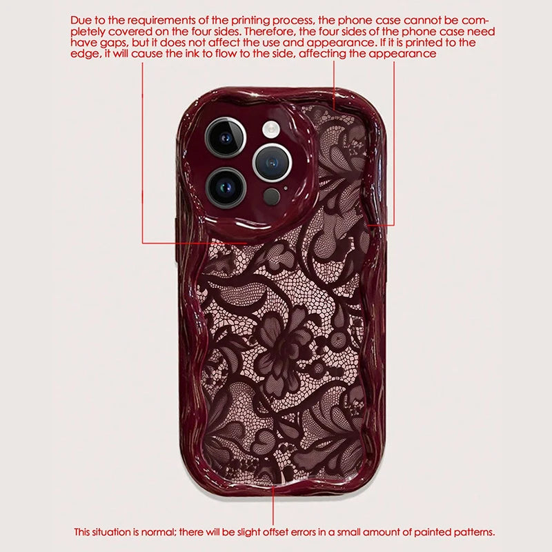 Cute Floral Lace Pattern iPhone Case | Burgundy Cream Aesthetic Soft Cover for iPhone 17 16 15 14 13 12 11 Series