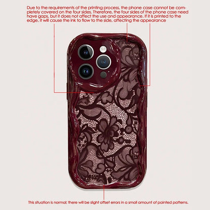 Cute Floral Lace Pattern iPhone Case | Burgundy Cream Aesthetic Soft Cover for iPhone 17 16 15 14 13 12 11 Series