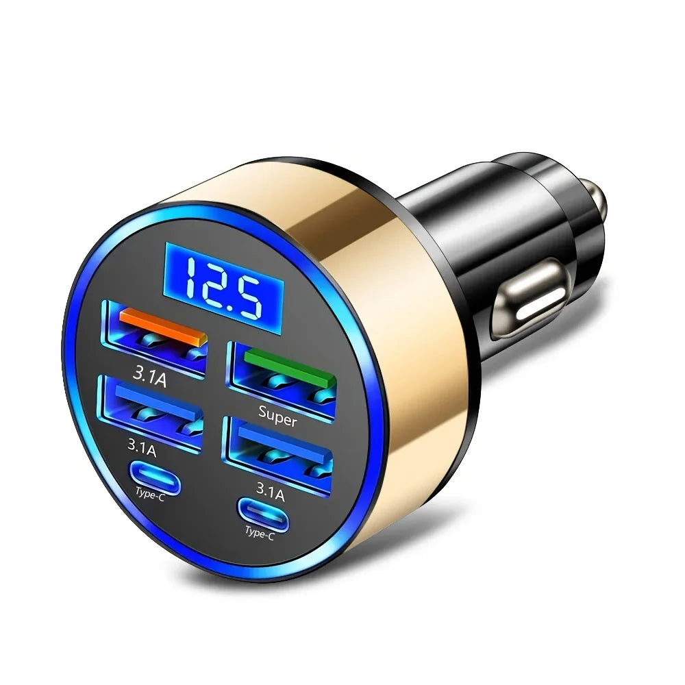 6-in-1 Car Charger USB C – Dual Type-C 3.1A Fast Charging Car Adapter with Digital Display | Multi-Port Car Phone Charger for iPhone Samsung iPad