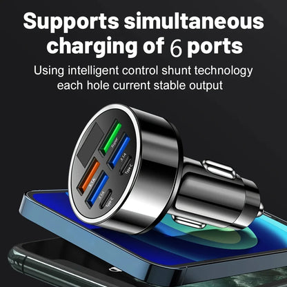 6-in-1 Car Charger USB C – Dual Type-C 3.1A Fast Charging Car Adapter with Digital Display | Multi-Port Car Phone Charger for iPhone Samsung iPad