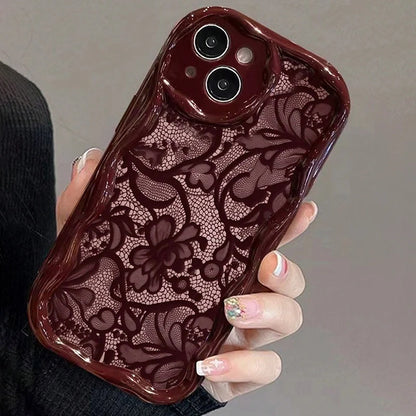 Cute Floral Lace Pattern iPhone Case | Burgundy Cream Aesthetic Soft Cover for iPhone 17 16 15 14 13 12 11 Series
