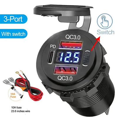96W USB C Car Charger | 4-Port Fast Car Charger QC3.0 + PD with Voltmeter | Waterproof 12V/24V Socket for Car, Truck, RV, Boat & Motorcycle
