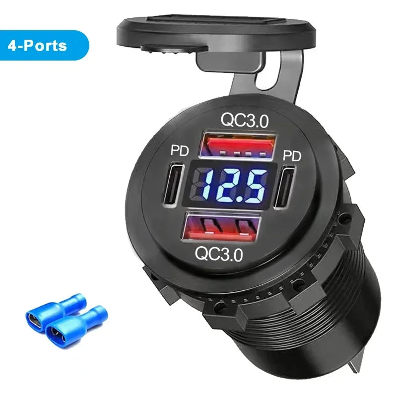 96W USB C Car Charger | 4-Port Fast Car Charger QC3.0 + PD with Voltmeter | Waterproof 12V/24V Socket for Car, Truck, RV, Boat & Motorcycle