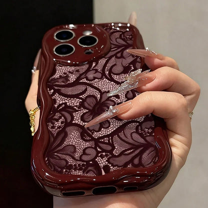 Cute Floral Lace Pattern iPhone Case | Burgundy Cream Aesthetic Soft Cover for iPhone 17 16 15 14 13 12 11 Series