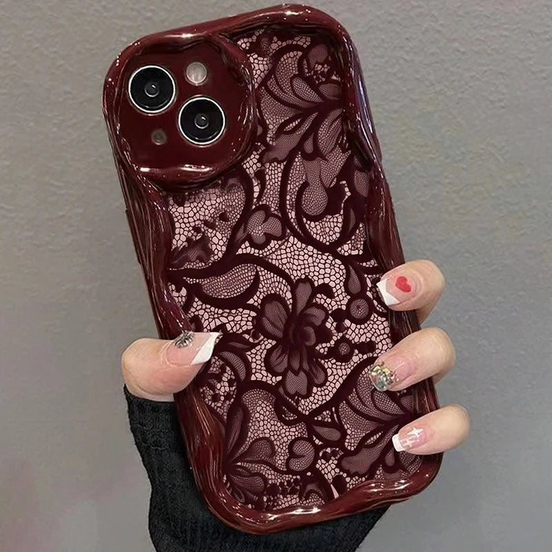 Cute Floral Lace Pattern iPhone Case | Burgundy Cream Aesthetic Soft Cover for iPhone 17 16 15 14 13 12 11 Series