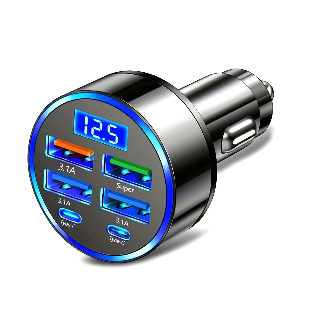 6-in-1 Car Charger USB C – Dual Type-C 3.1A Fast Charging Car Adapter with Digital Display | Multi-Port Car Phone Charger for iPhone Samsung iPad
