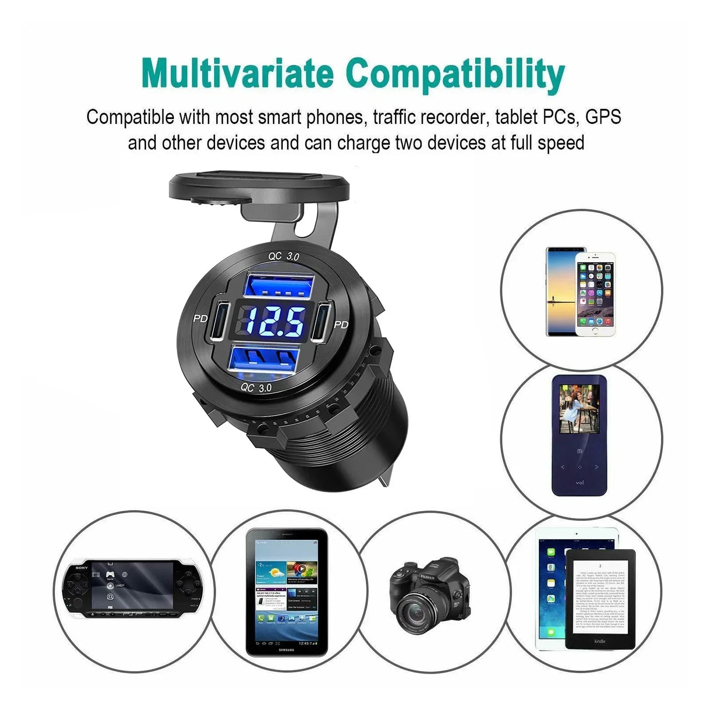 96W USB C Car Charger | 4-Port Fast Car Charger QC3.0 + PD with Voltmeter | Waterproof 12V/24V Socket for Car, Truck, RV, Boat & Motorcycle